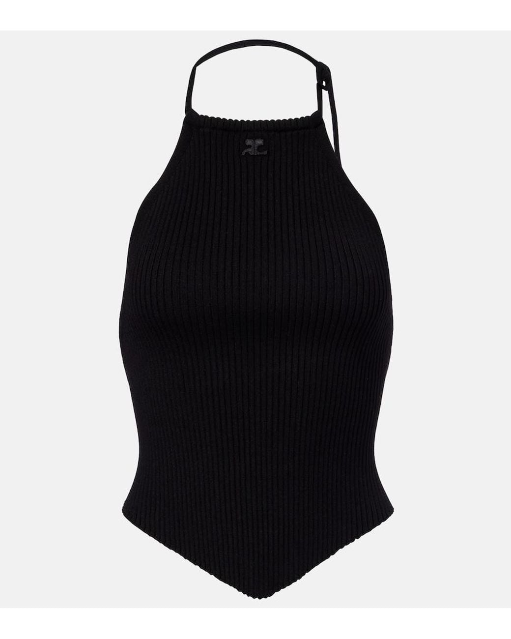 Courreges Black Pointy Ribbed-Knit Halterneck Top