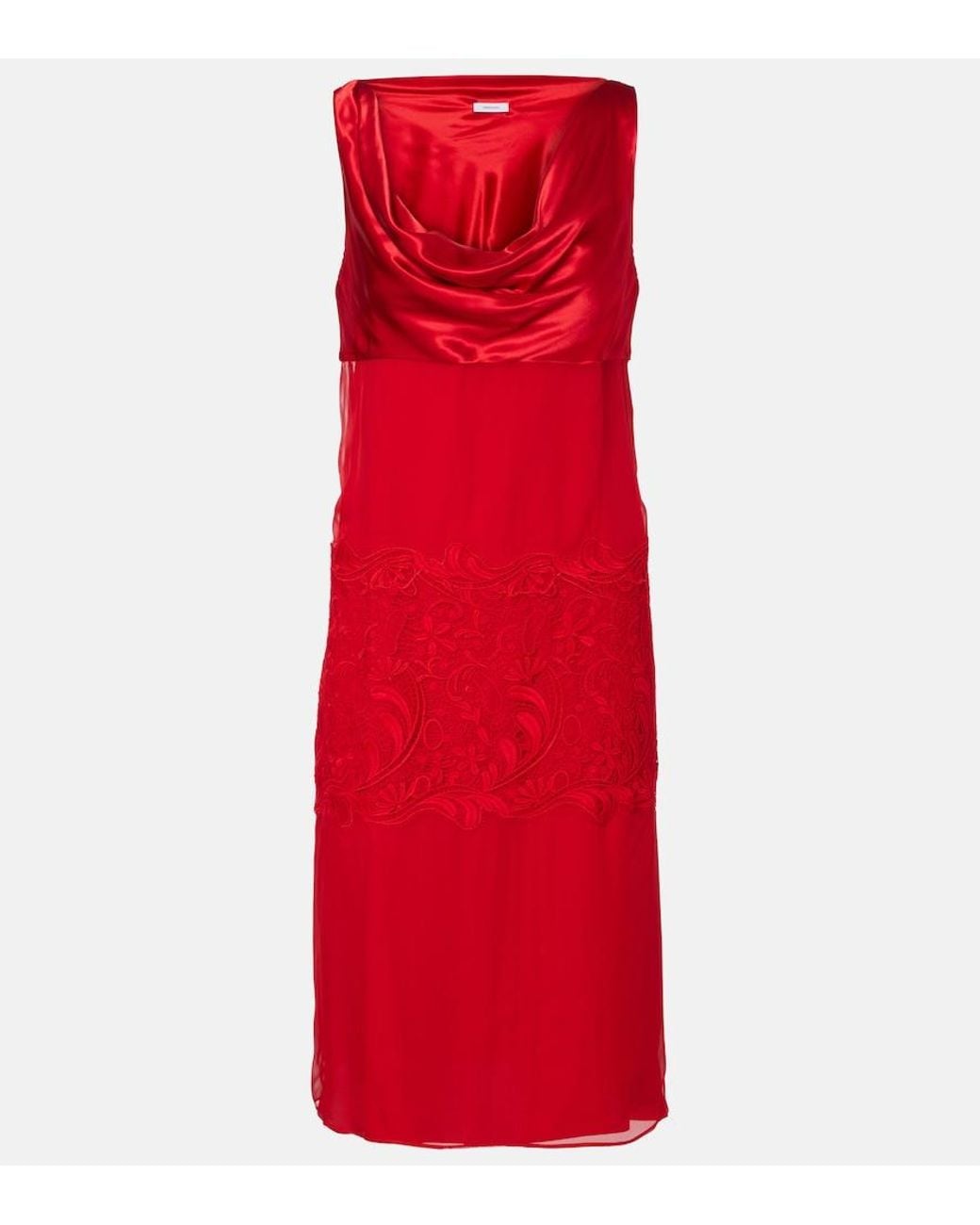 Ferragamo Red Draped Silk Midi Dress