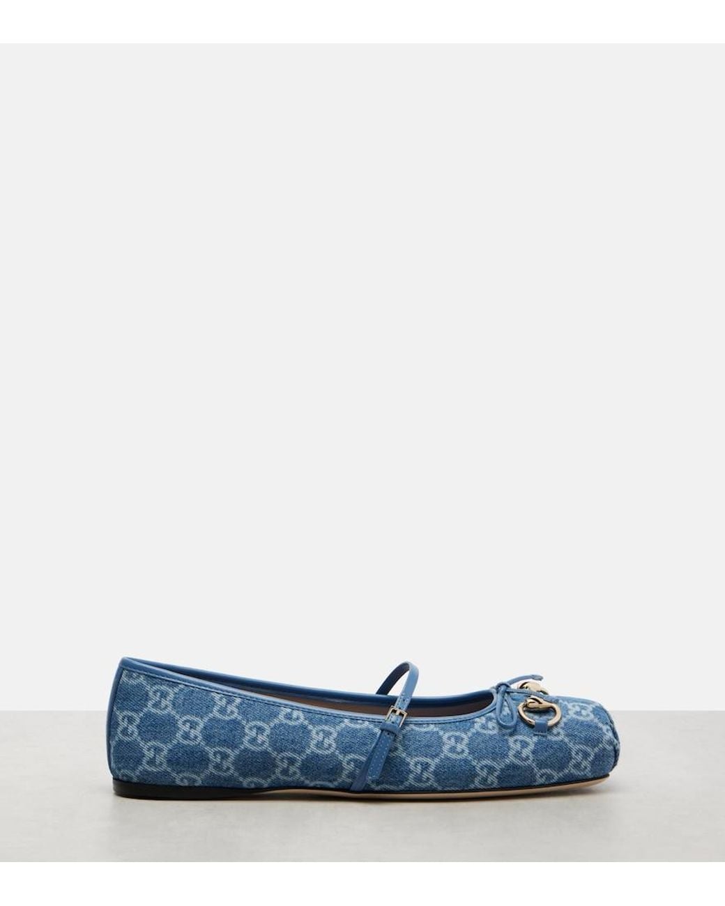 Gucci Blue Horsebit Gg Denim Ballet Flats