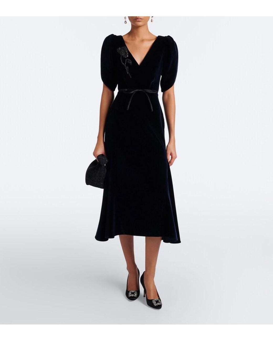 Erdem Blue Embellished Cotton Velvet Midi Dress