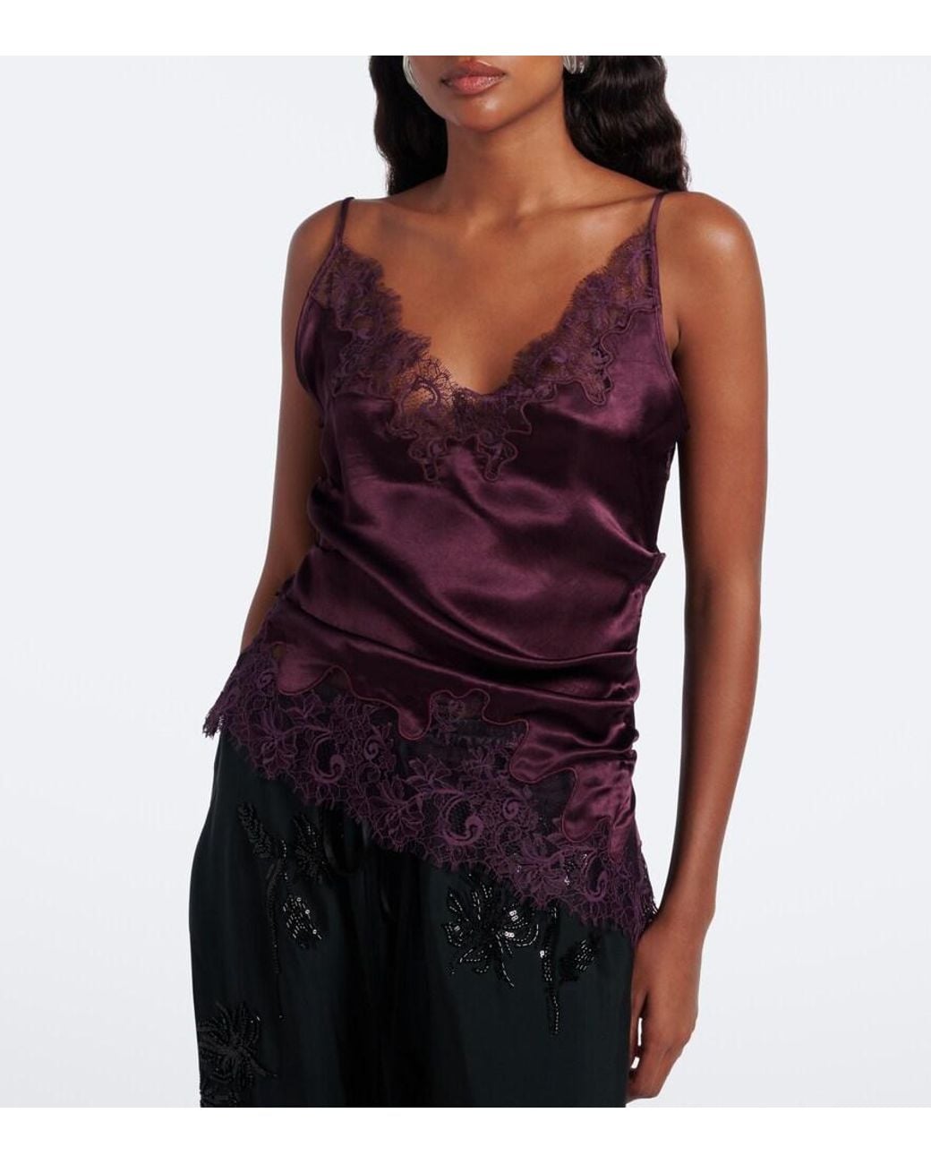 JACQUES WEI Purple Ruched Lace-Trimmed Satin Camisole