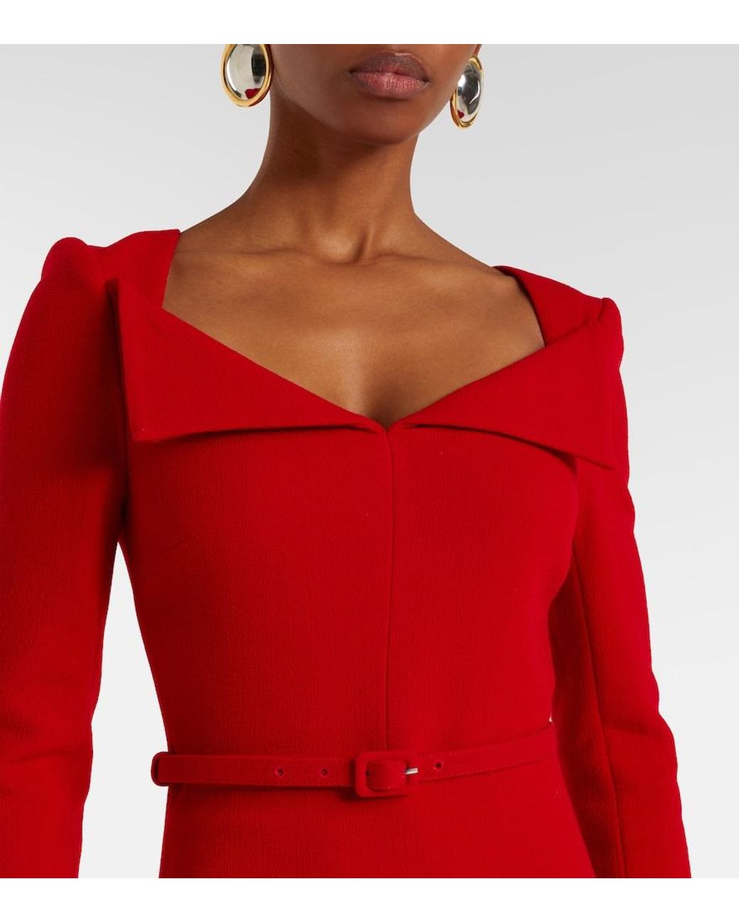 Roland Mouret Red Belted Wool Midi Dress
