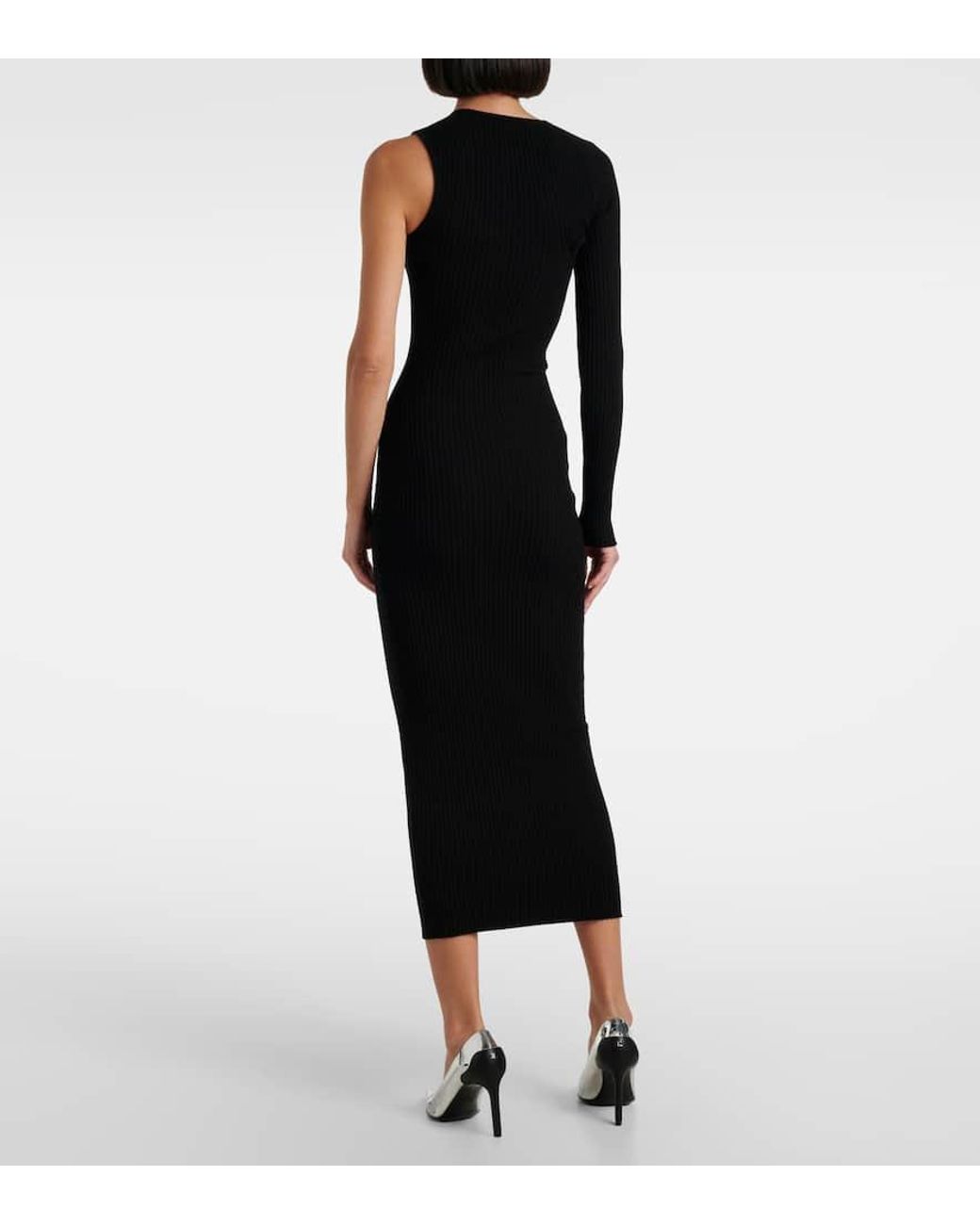 Courreges Black Asymmetric Ribbed-Knit Midi Dress