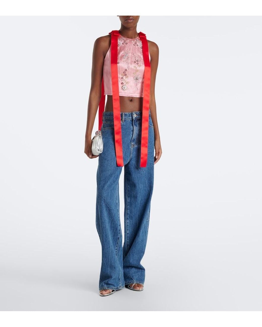 Erdem Red Bow-Detail Embellished Satin Crop Top