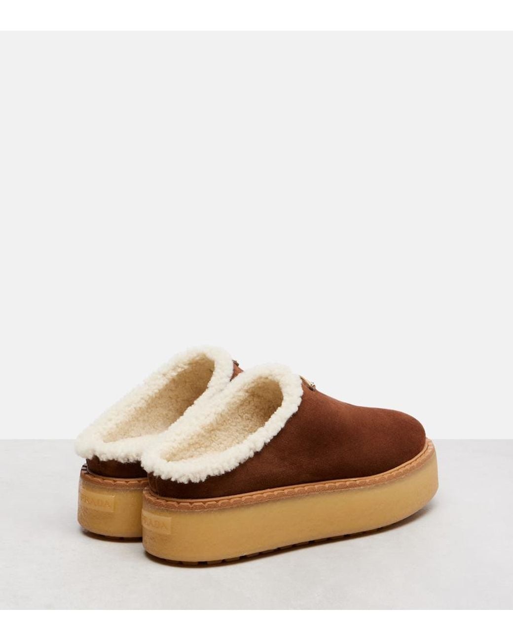 Prada Brown Evolve Shearling-Trimmed Suede Platform Mules