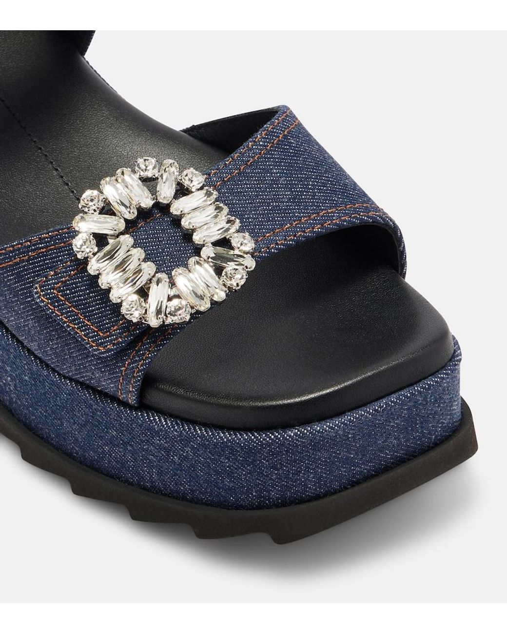 Roger Vivier Blue Embellished Denim Wedge Sandals