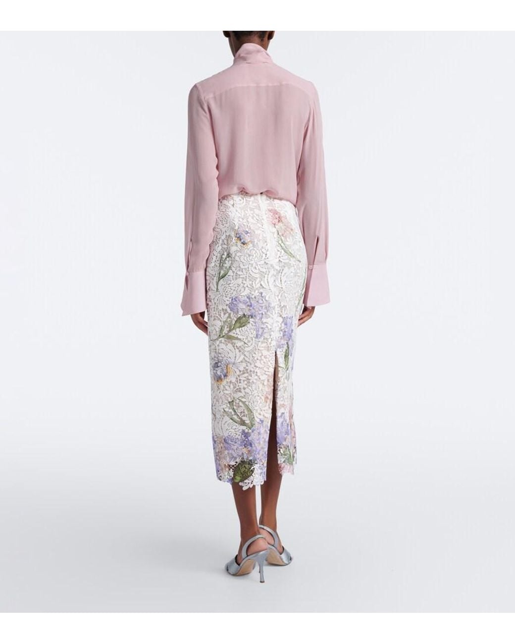 Oscar de la Renta White Floral Guipure Lace Midi Skirt
