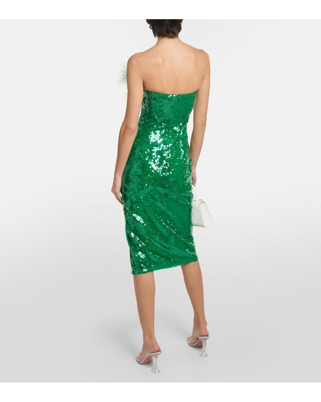 Self-Portrait Green Feather-Trimmed Sequined Midi Dress