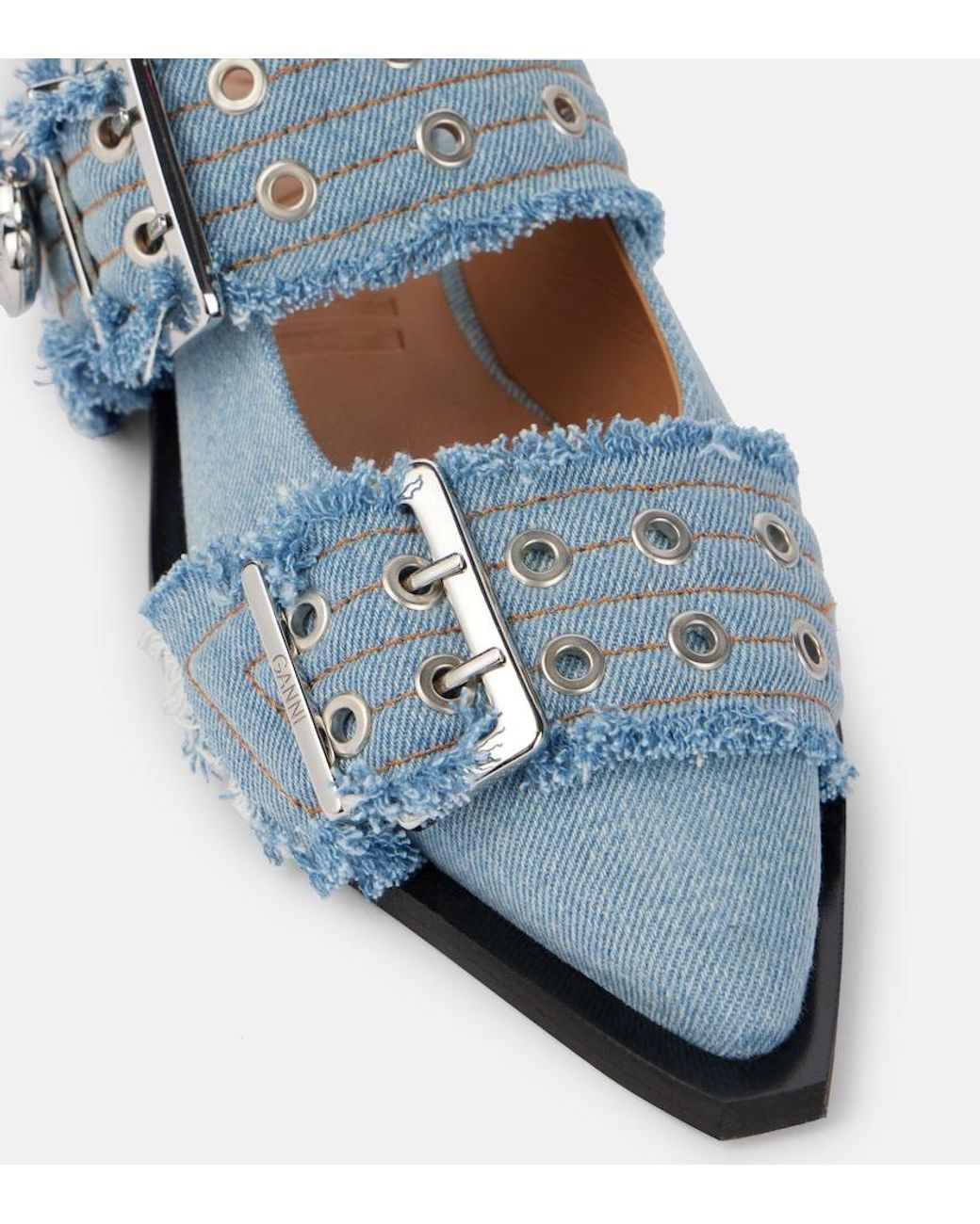 Ganni Blue Faded Denim Slingback Ballet Flat Shoe With Buckles