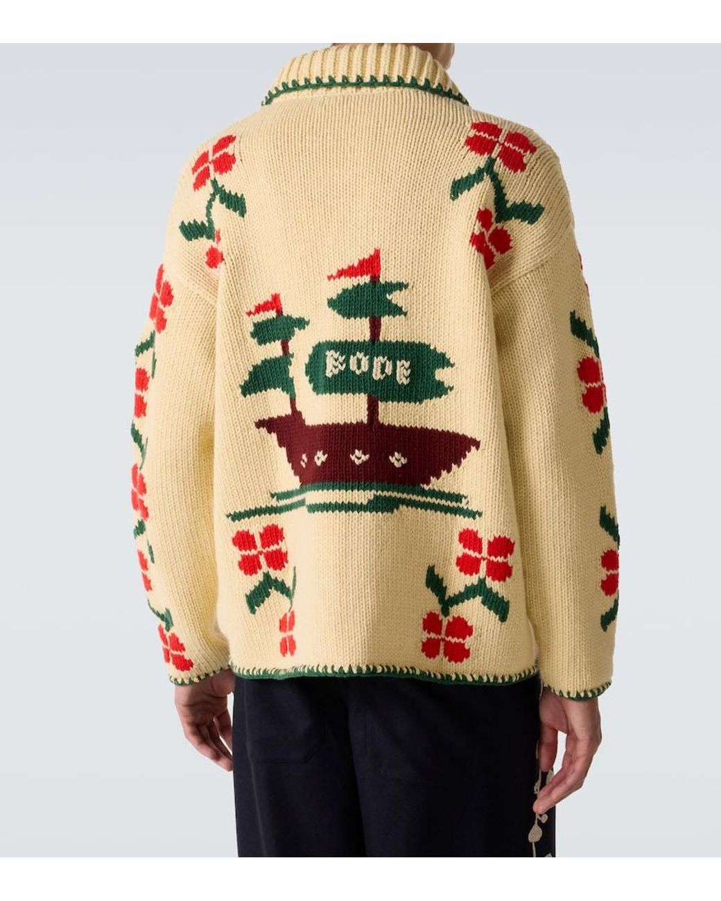 Bode Natural Pirate Ship Virgin Wool Cardigan for men