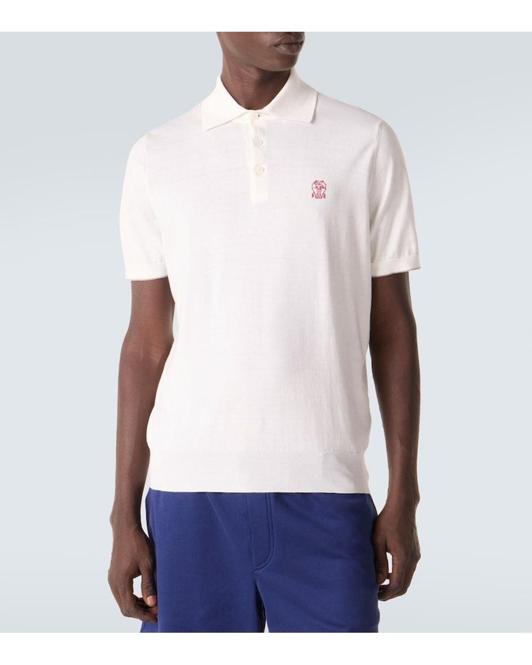 Brunello Cucinelli White Embroidered Cotton Pique Polo Shirt for men