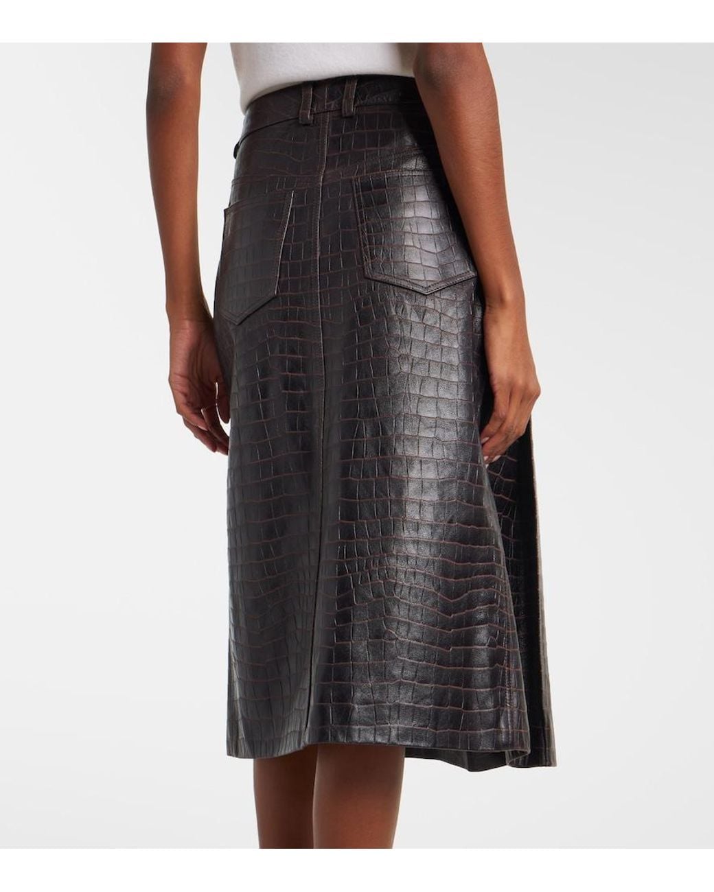 Rabanne Black Pleated Croc-Effect Leather Midi Skirt
