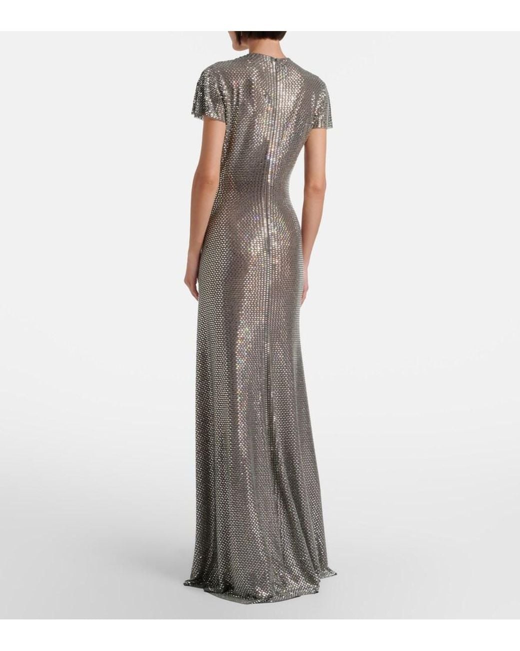 Self-Portrait Gray Gathered Rhinestone-Embellished Gown