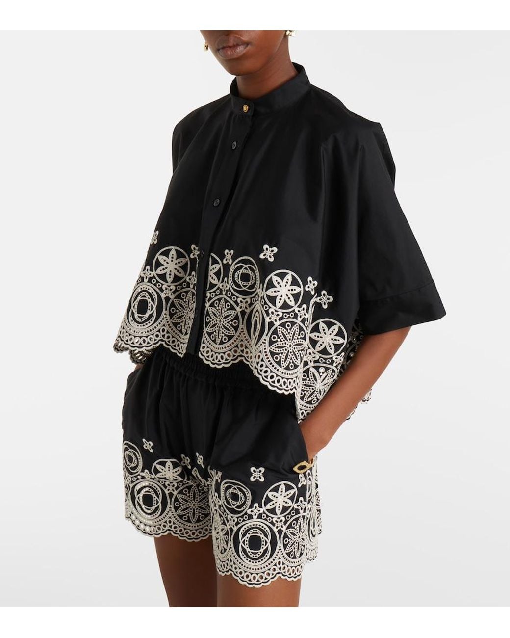 LaDoubleJ Black Foulard Embroidered Cropped Cotton Shirt