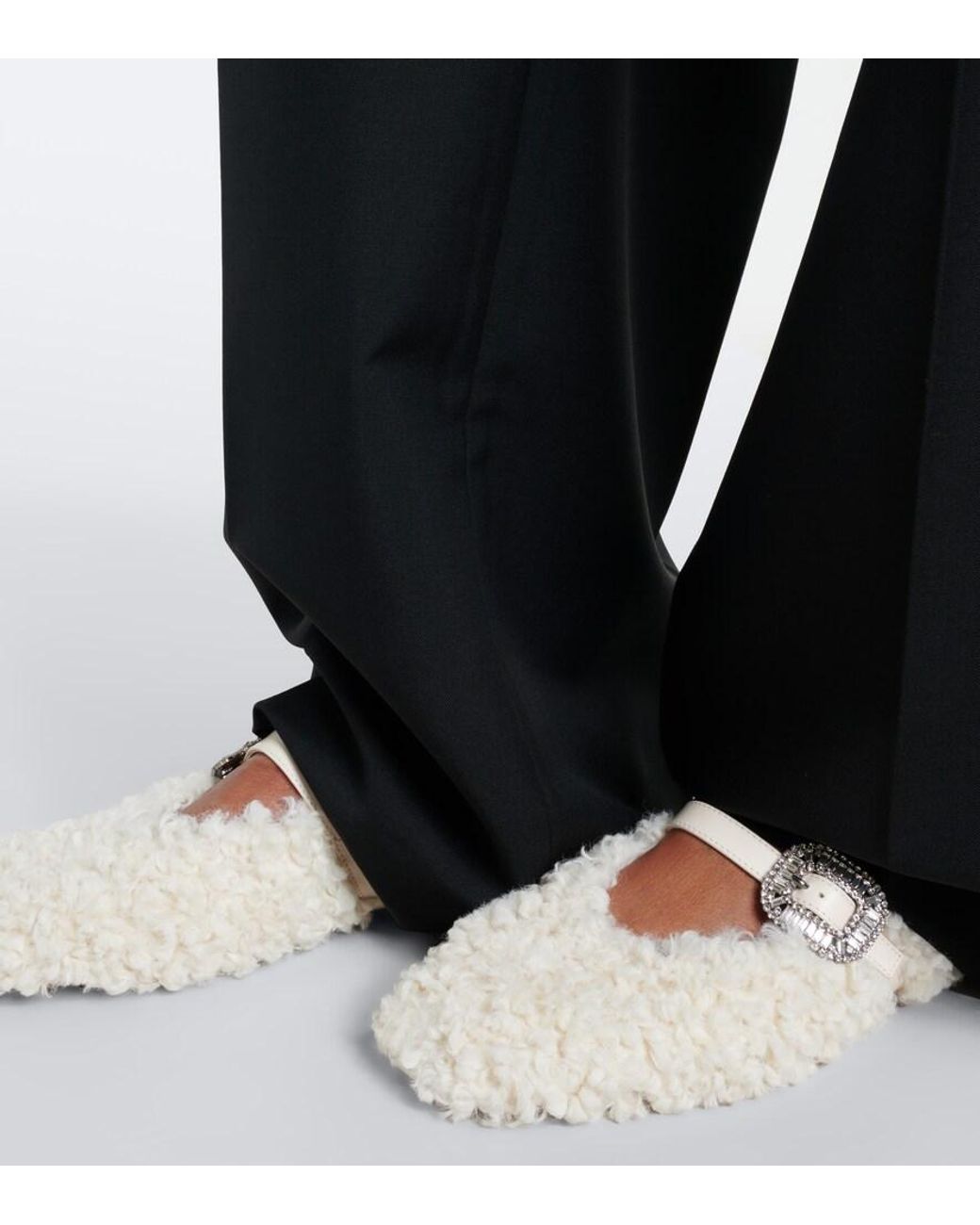 Roger Vivier White Pilgrim Strass Shearling Mary Jane Flats