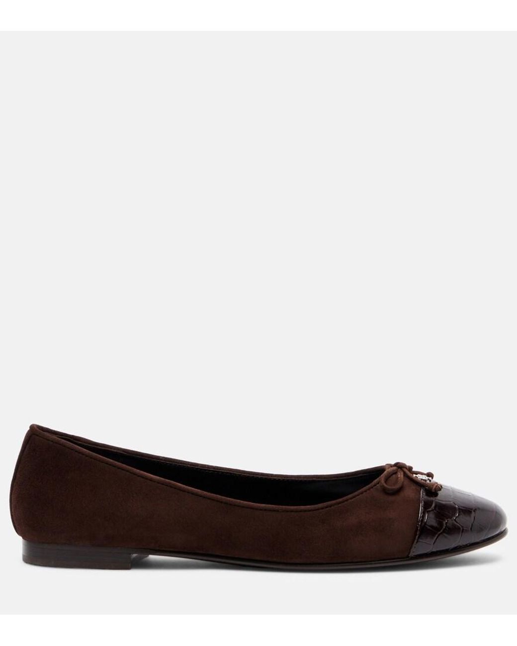 Tory Burch Brown Cap Toe Croc-Effect Suede Ballet Flats
