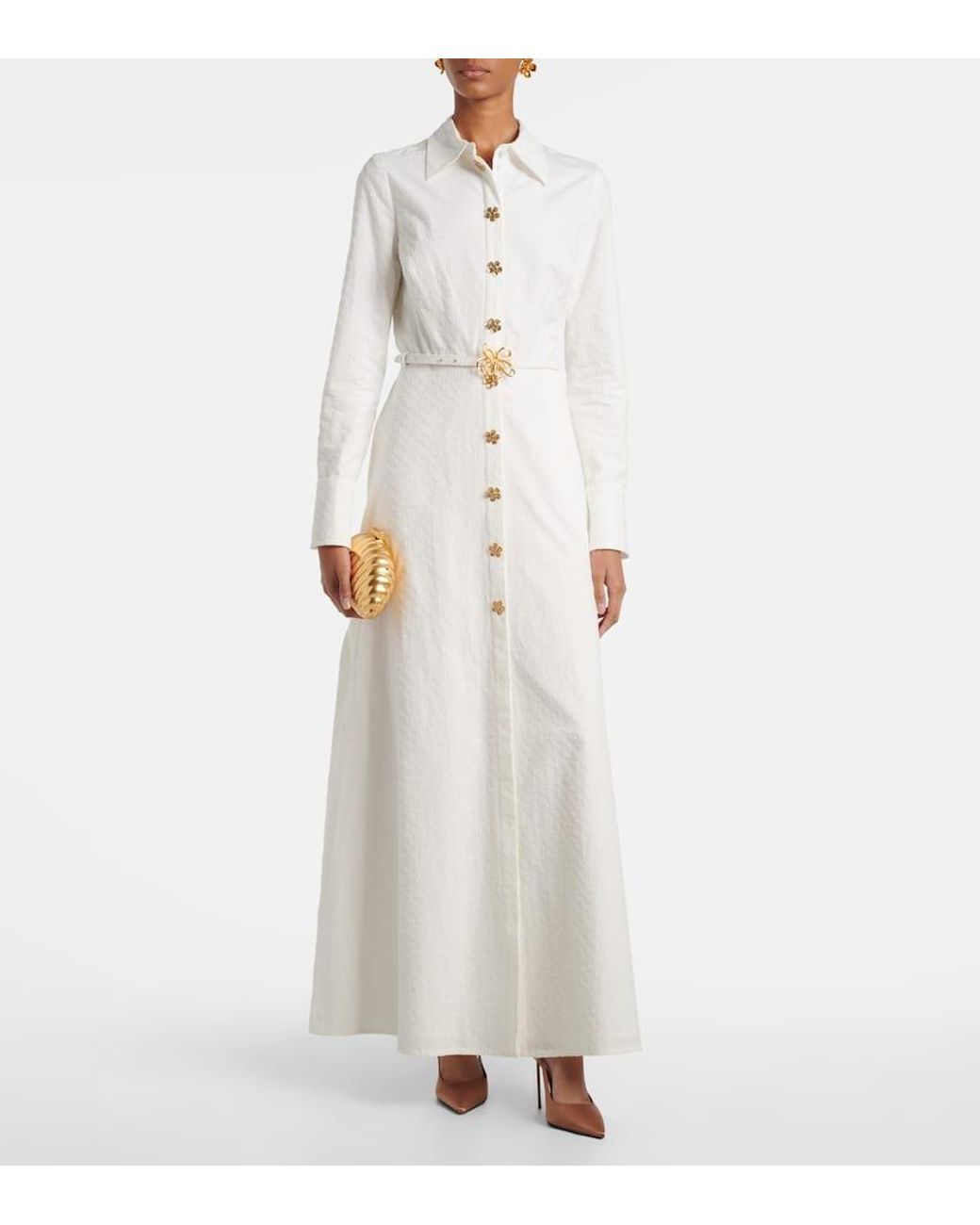 Oscar de la Renta White Belted Cotton Poplin Shirt Dress