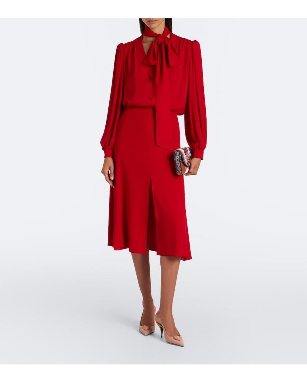 Valentino Red Tie-Neck Silk Georgette Blouse