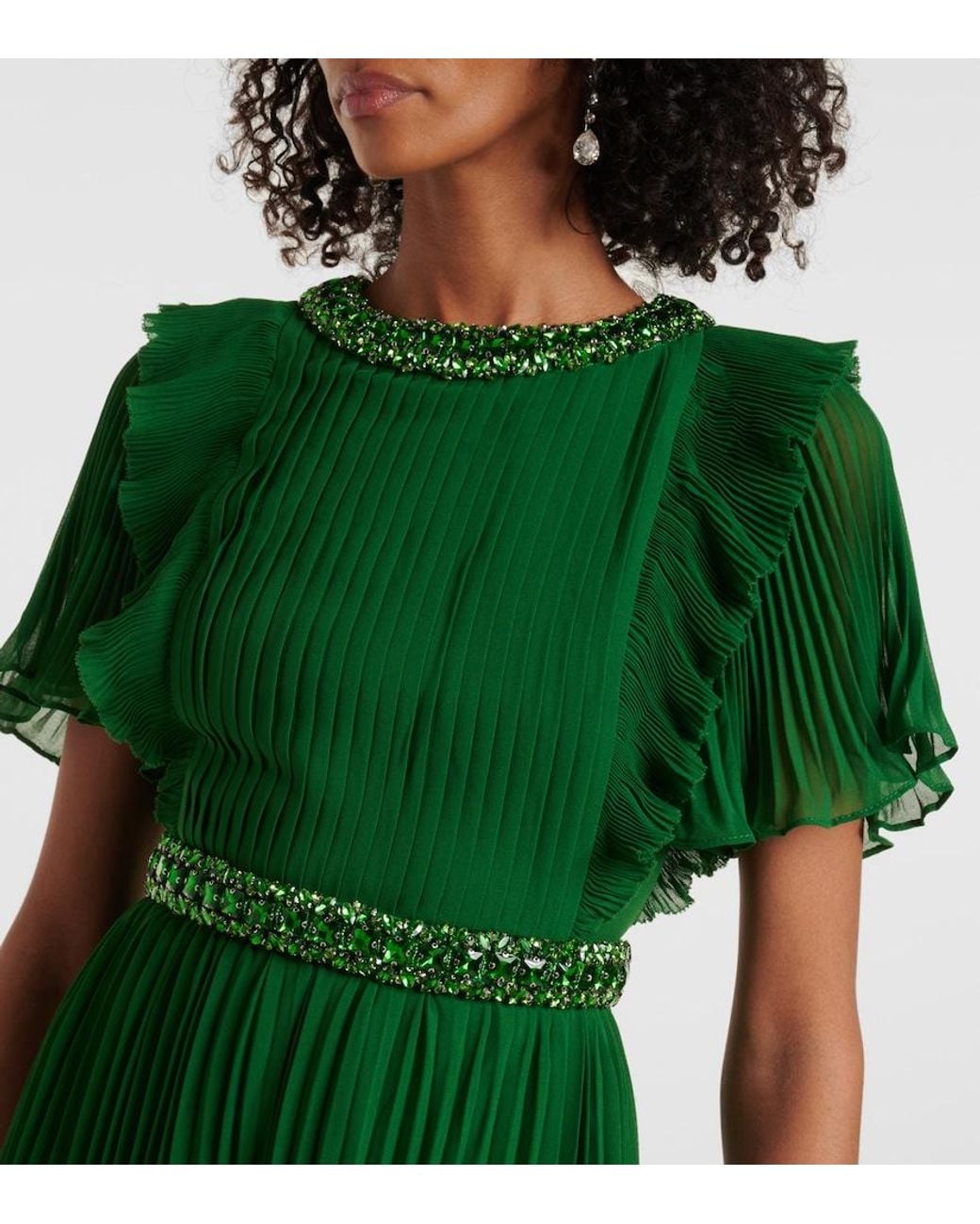 Self-Portrait Green Crystal-Embellished Ruffled Gown