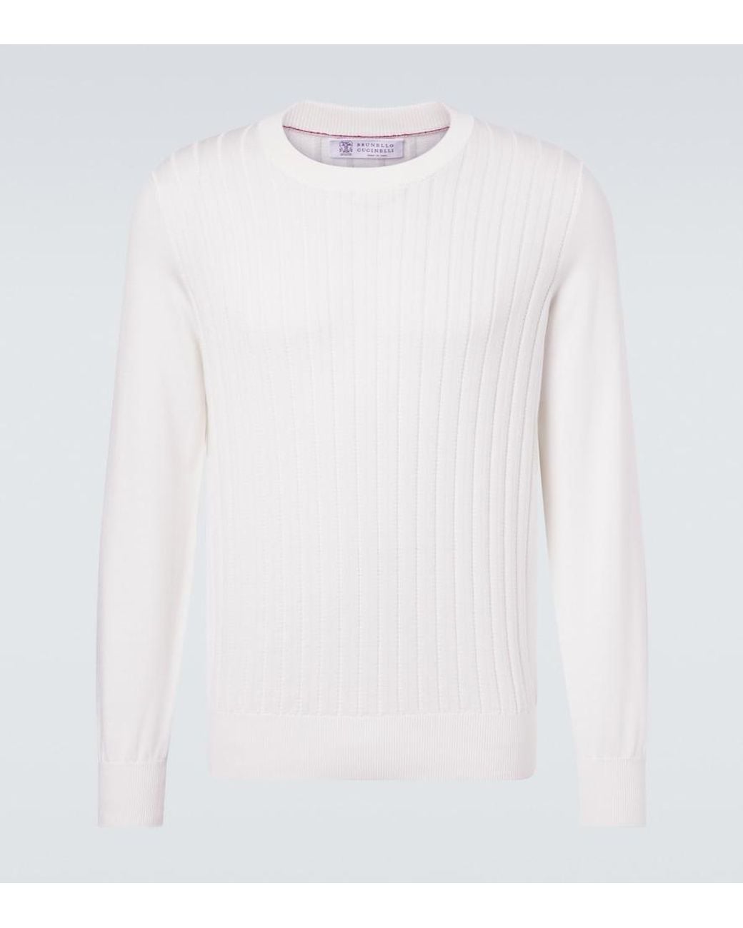 Brunello Cucinelli White Ribbed-Knit Cotton Sweater for men
