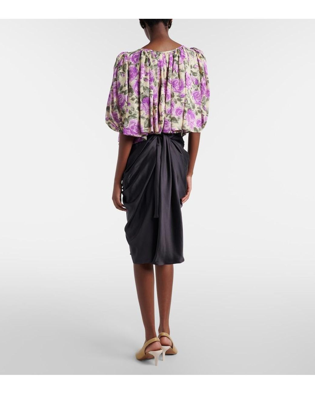 Chloé Black Gathered Silk Satin Midi Skirt