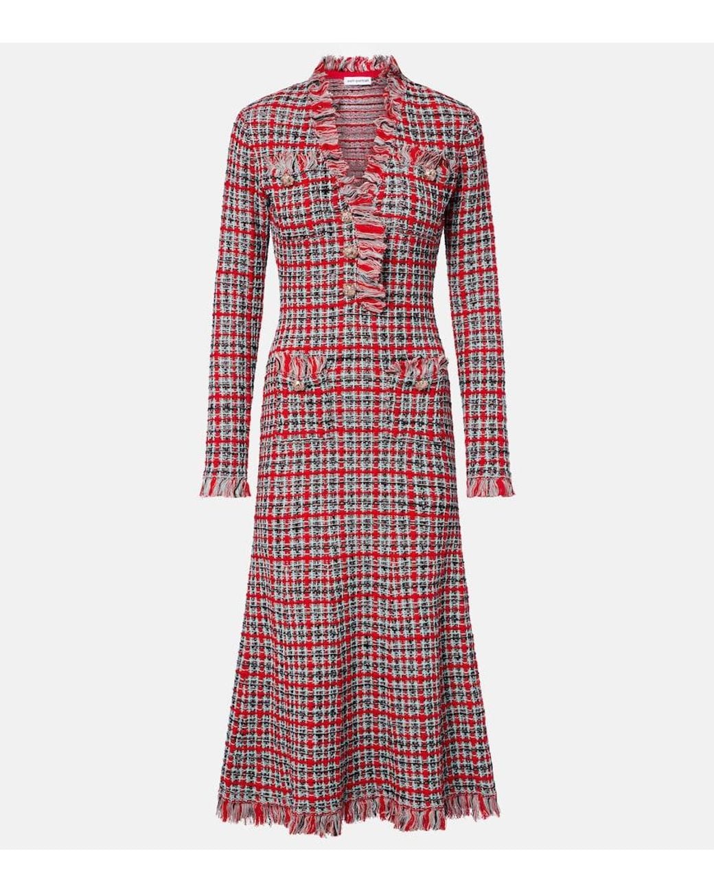 Self-Portrait Red Checked Frayed Knitted Midi Dress