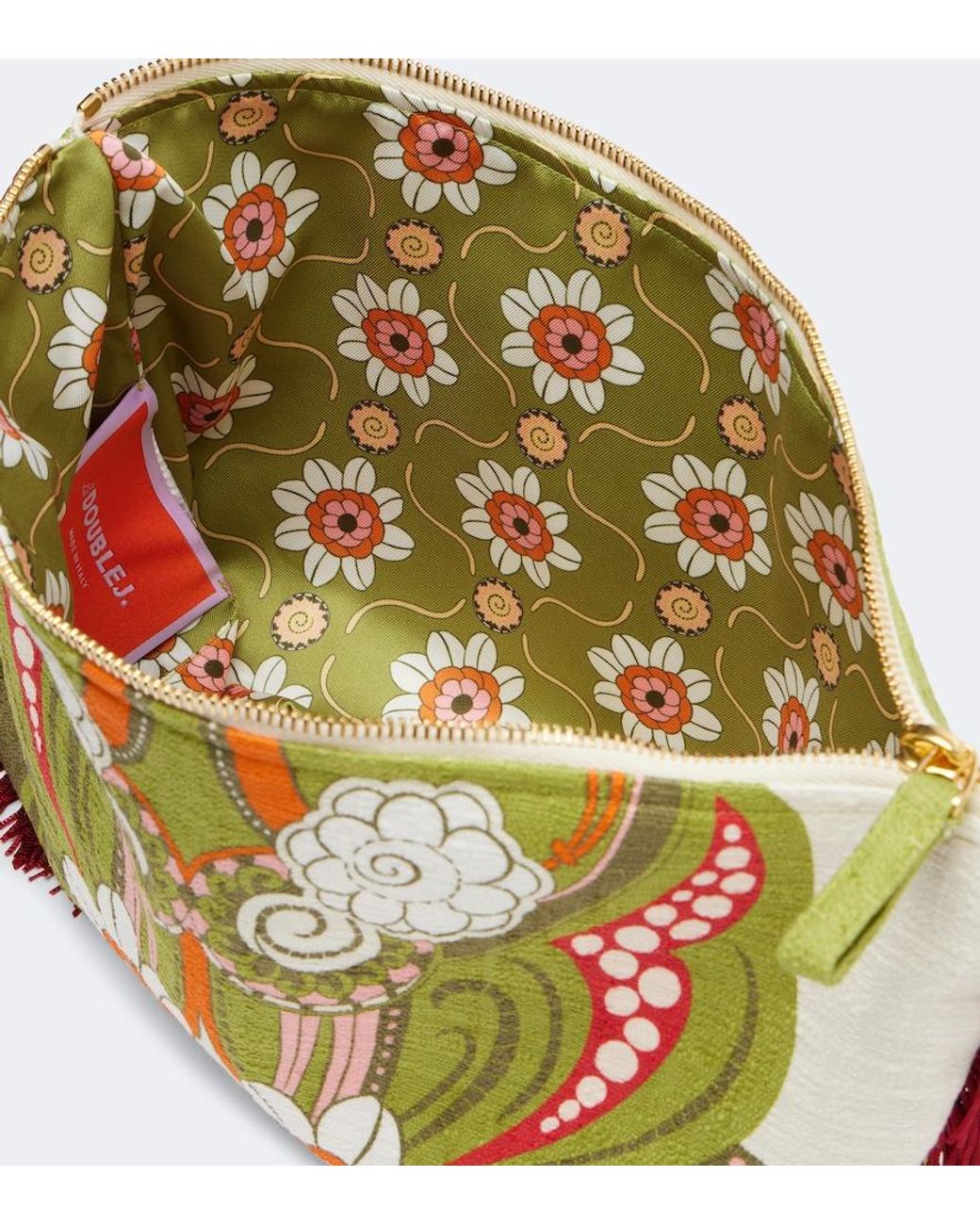 LaDoubleJ Green Fringed Printed Cotton Canvas Pouch