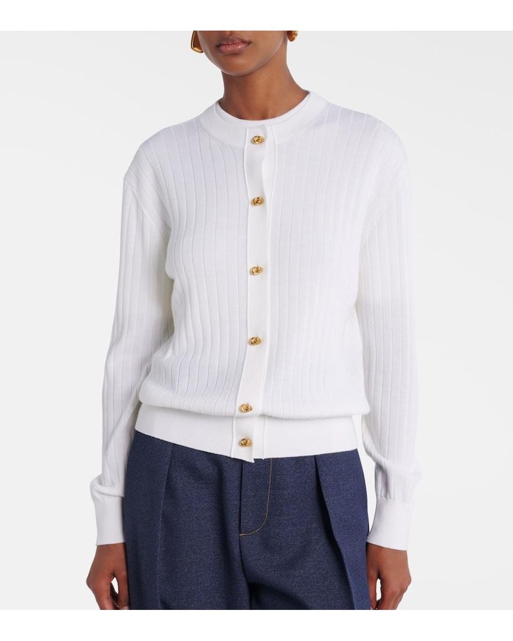 Bottega Veneta White Knot Ribbed-Knit Wool Cardigan