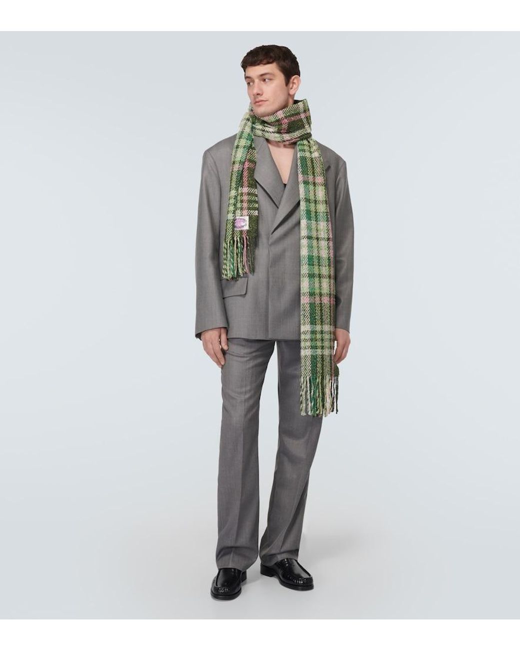 Acne Green Fringed Checked Scarf for men