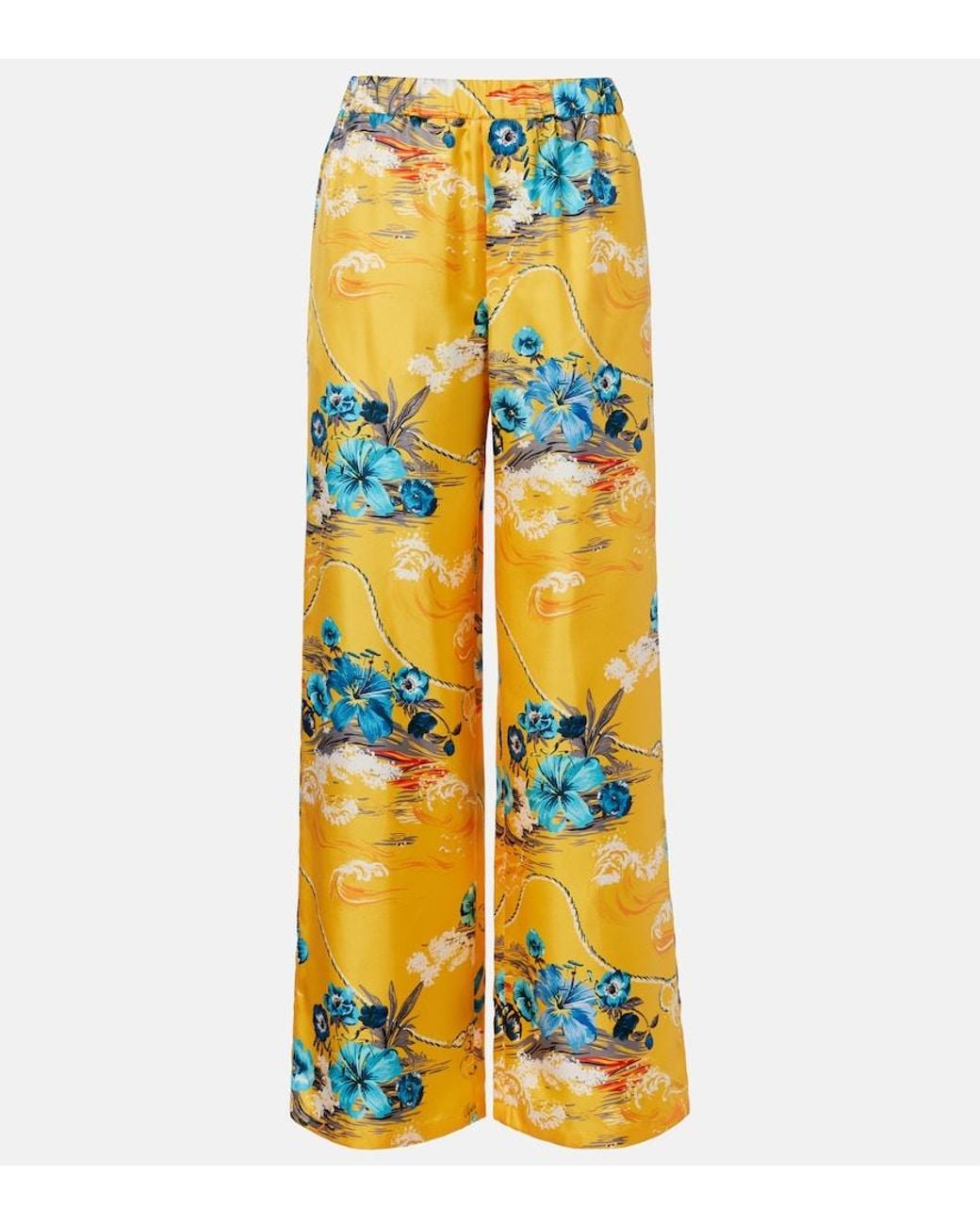 Gucci Yellow Floral Silk Twill Wide-Leg Pants