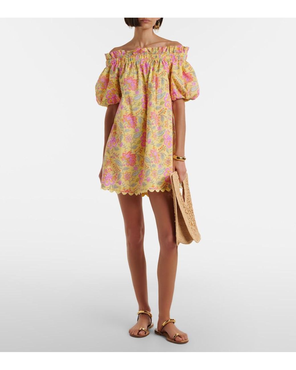 Juliet Dunn Orange Floral Off-Shoulder Cotton Minidress