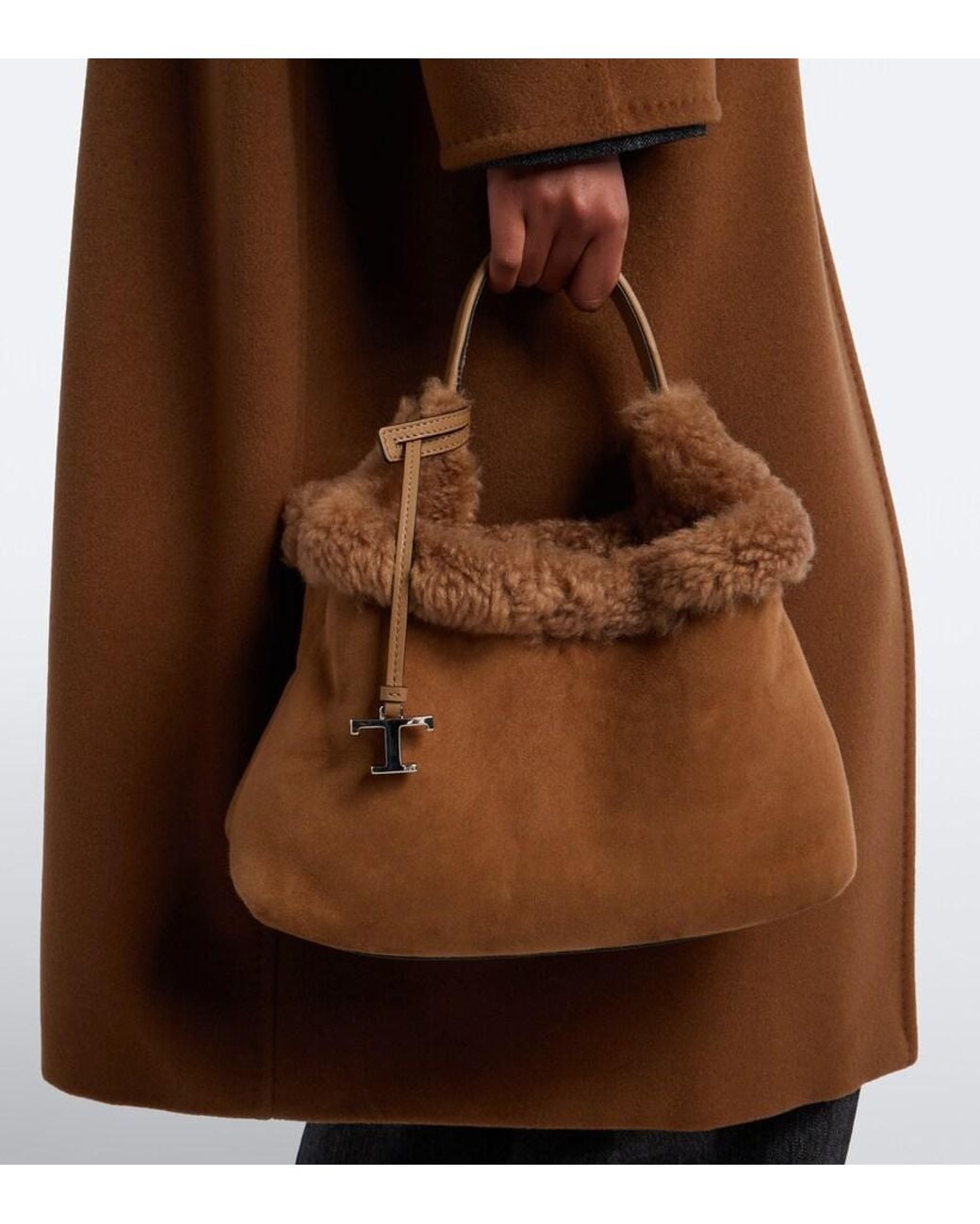 Tod's Brown T Timeless Shearling-Lined Suede Tote Bag