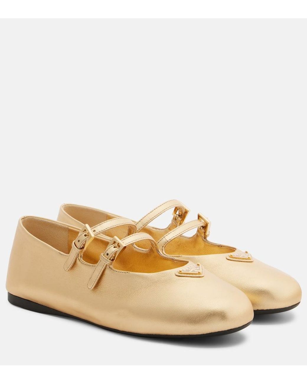 Prada Metallic Leather Mary Jane Flats in Natural | Lyst UK