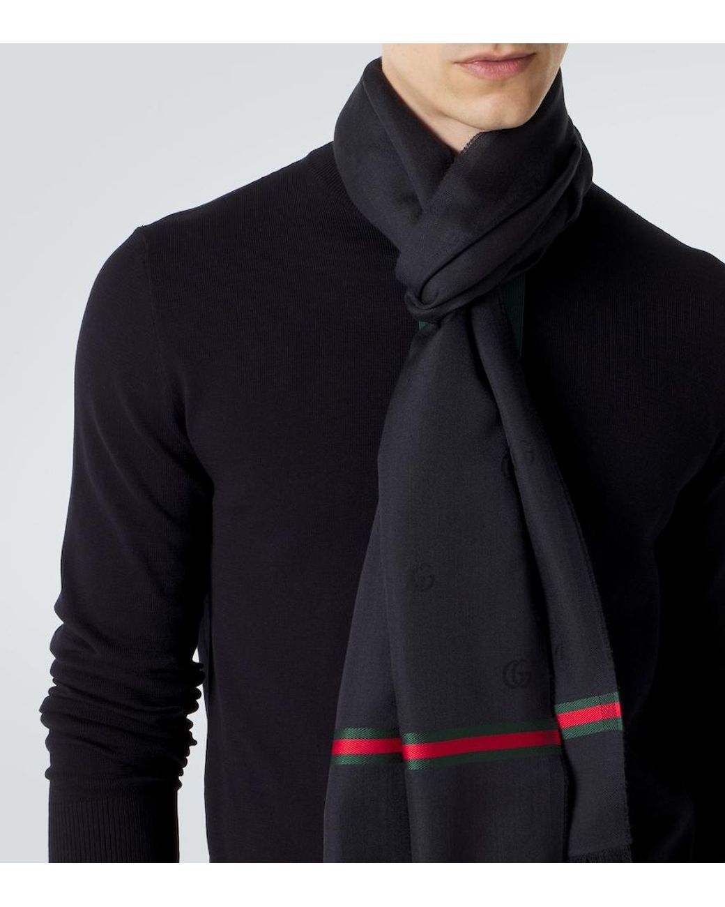 Gucci Black Web Stripe Wool And Silk Scarf for men