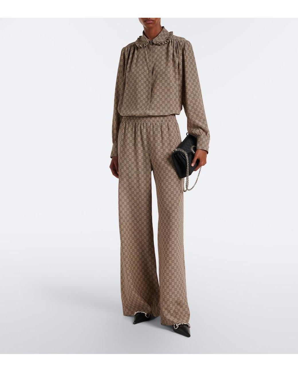 Gucci Brown Gg Silk Crepe De Chine Blouse