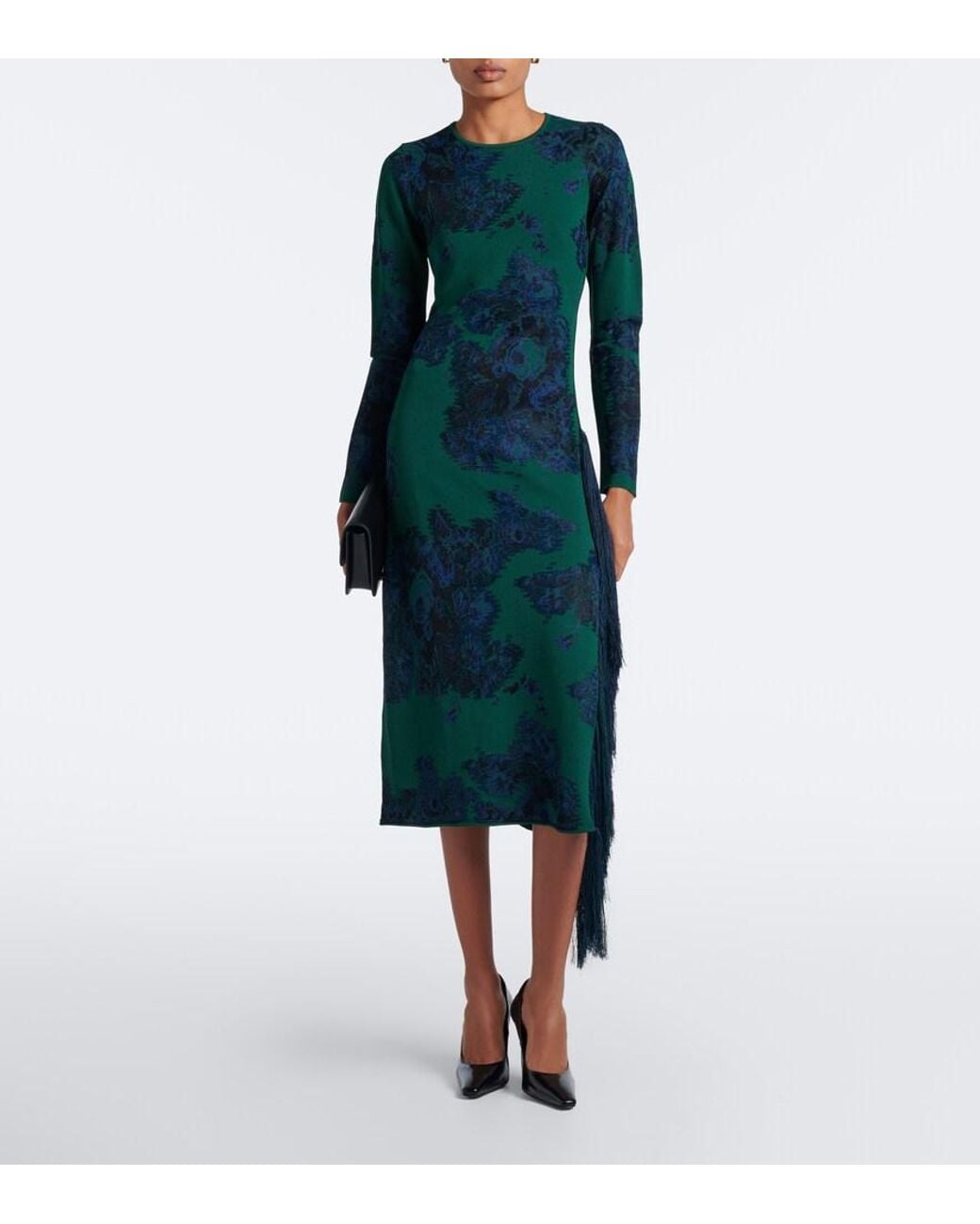 Erdem Blue Floral Fringed Knitted Jacquard Midi Dress