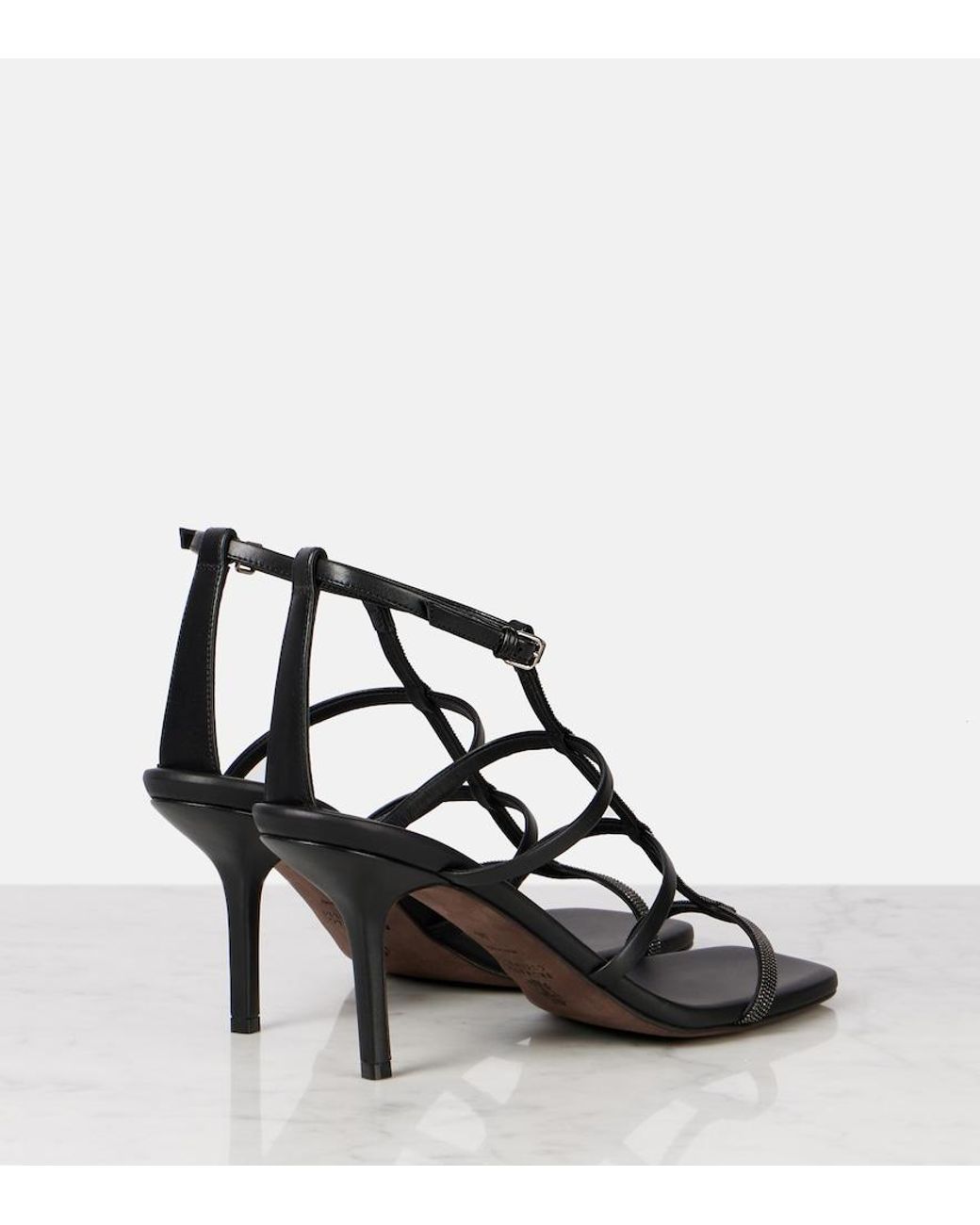 Brunello Cucinelli Black Leather Embellished Sandals 80