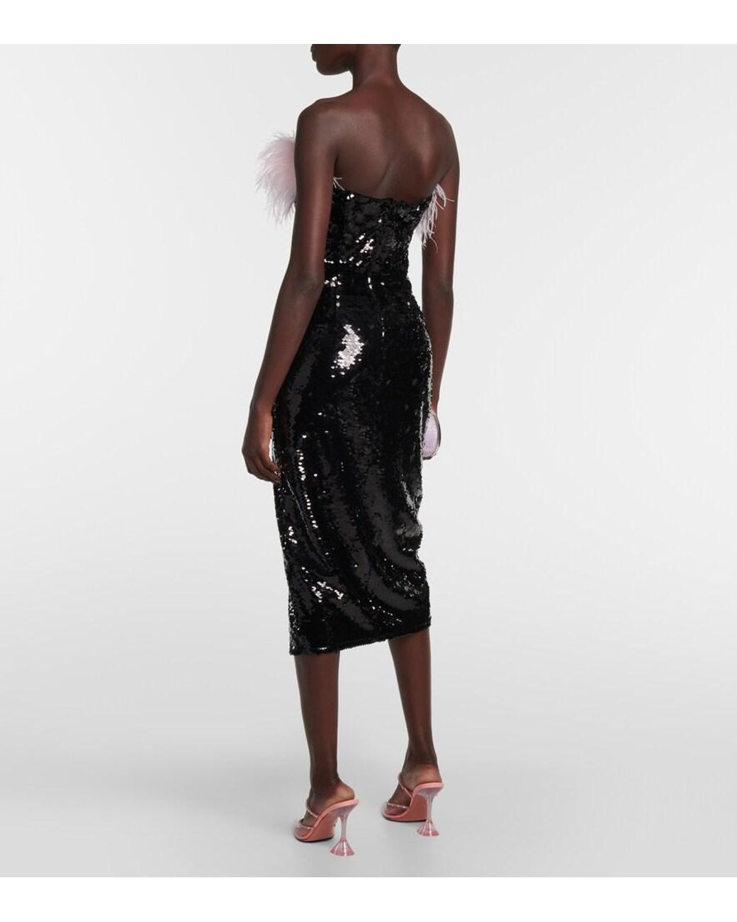Self-Portrait Black Feather-Trimmed Sequined Midi Dress