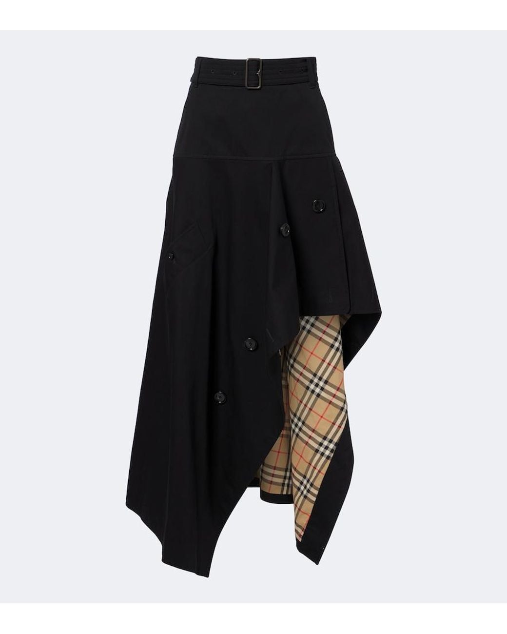 Falda Larga Asimetrica De Algodon Con Cinturon Burberry de color Black