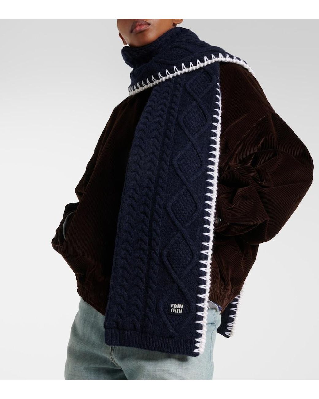 Miu Miu Blue Cable-Knit Wool And Cashmere Scarf