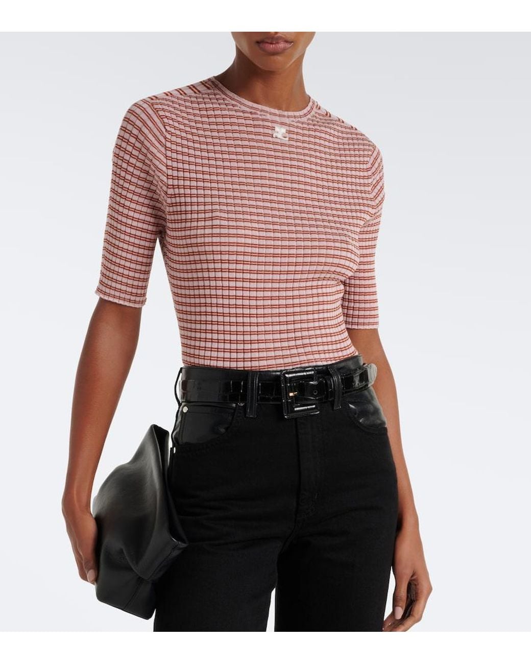 Courreges Red Striped Cotton-Blend T-Shirt