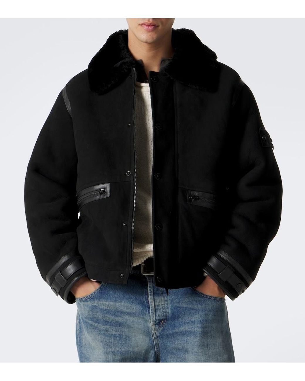 Stone Island Black Ghost Shearling-Trimmed Suede Jacket for men
