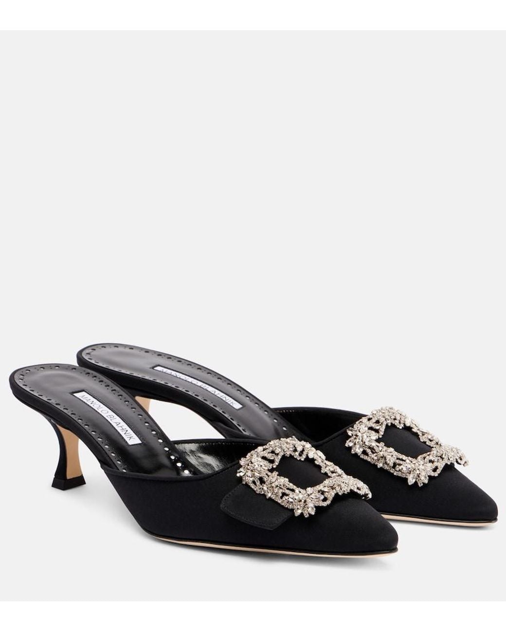 Manolo Blahnik Black Maysale Jewel 50 Crepe De Chine Mules