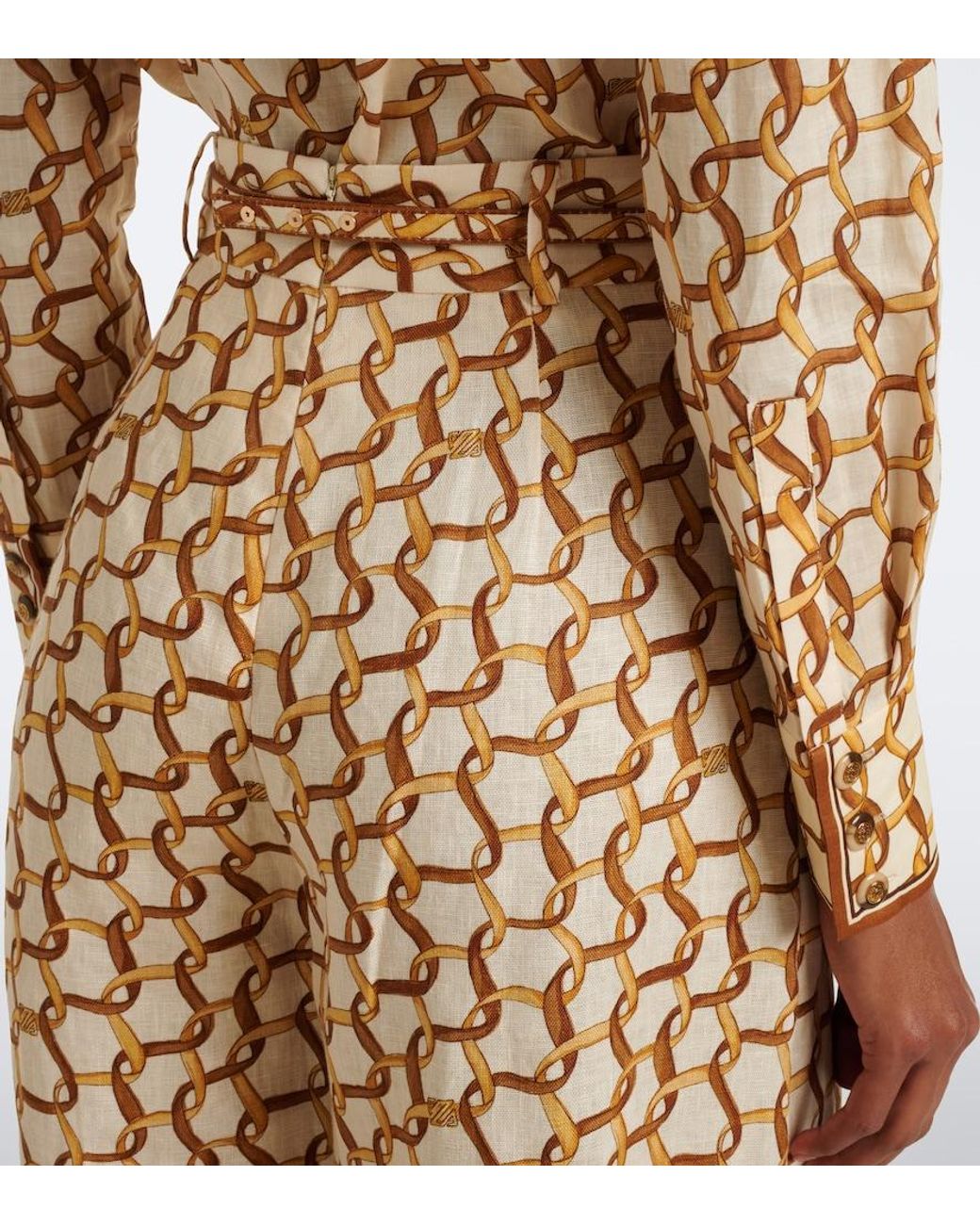 Zimmermann Metallic Belted Printed Linen Wide-Leg Pants