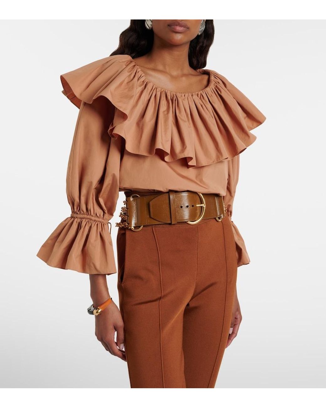 Chloé Brown Ruffled Cotton Poplin Blouse