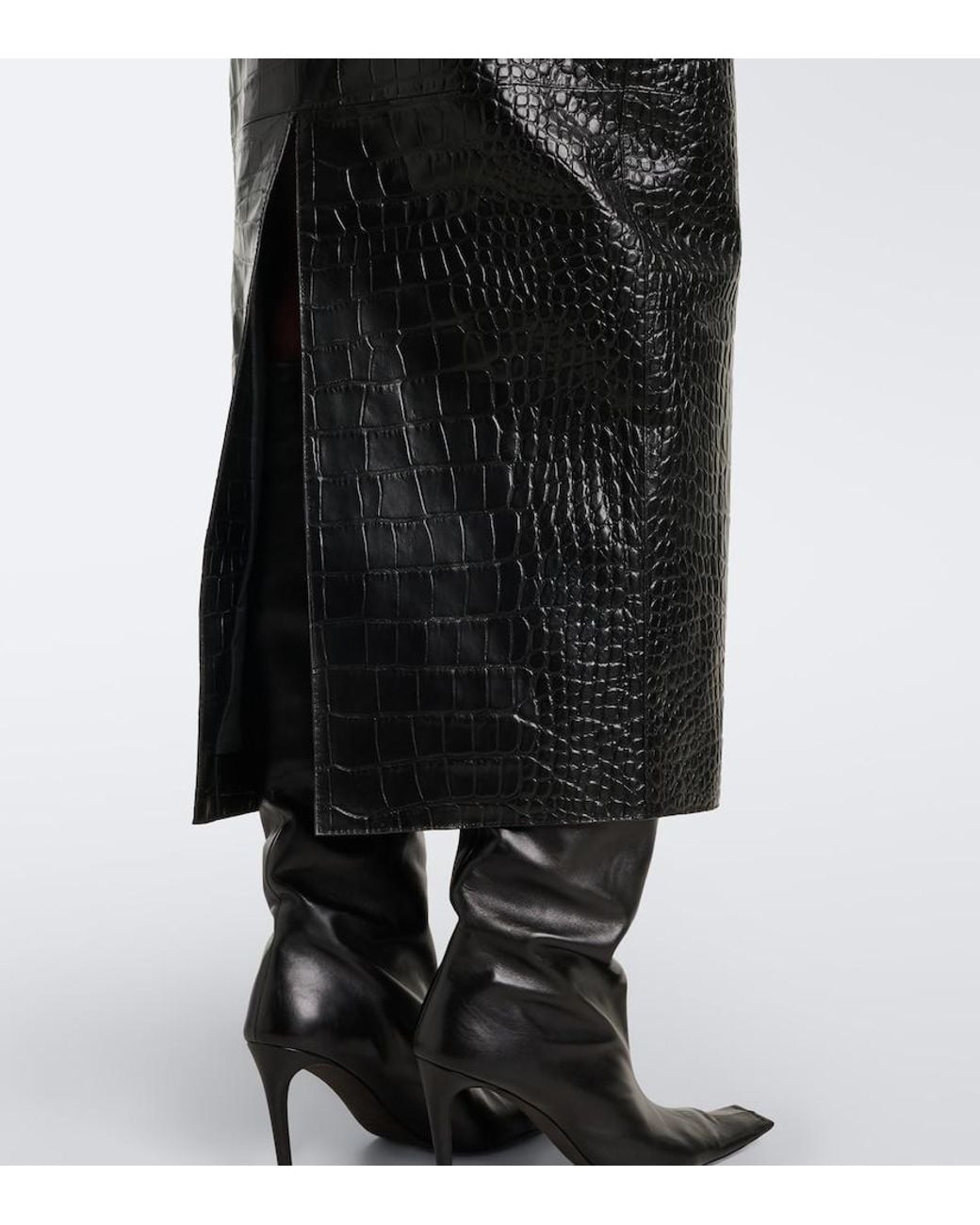 Khaite Black Loxley Croc-Effect Leather Midi Skirt