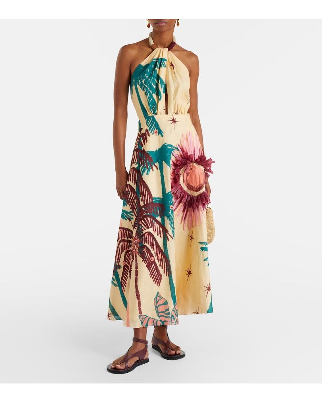 Johanna Ortiz White Floral Linen Midi Dress