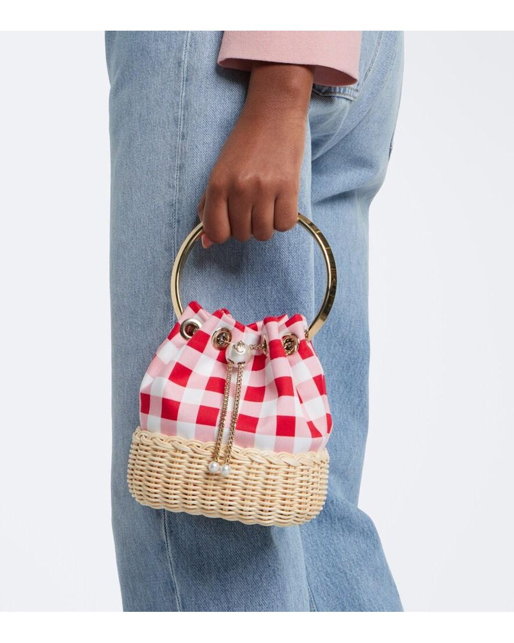 Jimmy Choo Red Bon Bon Gingham Canvas And Wicker Bucket Bag