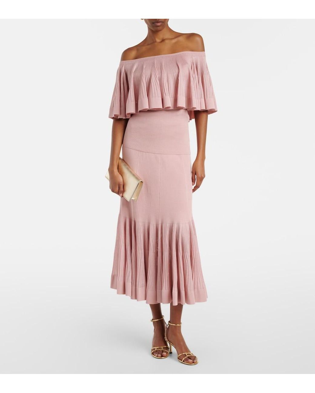 Zimmermann Pink Luna Knitted Ruffled Off-Shoulder Top