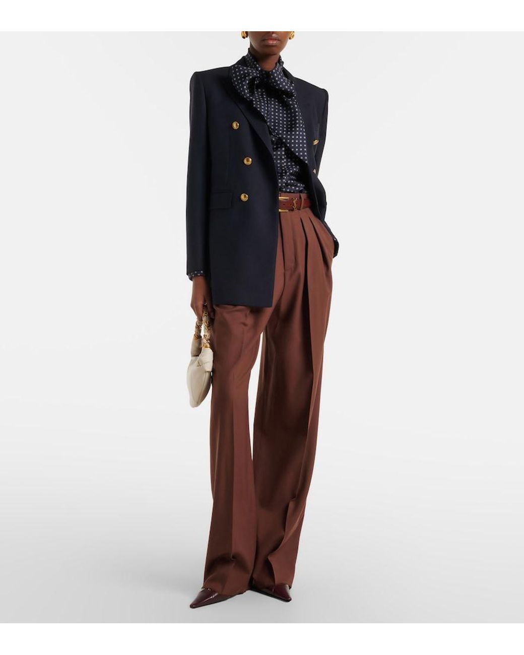Saint Laurent Blue Printed Tie-Neck Silk Crepe De Chine Blouse